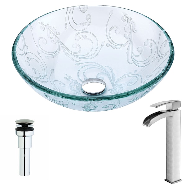 Anzzi Vieno Crystal Clear Floral Vessel Sink with Key Brushed Nickel Faucet LSAZ065-097B - main